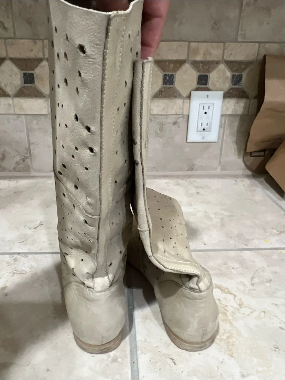 Women’s Cream Perforated Mid-Calf Boots